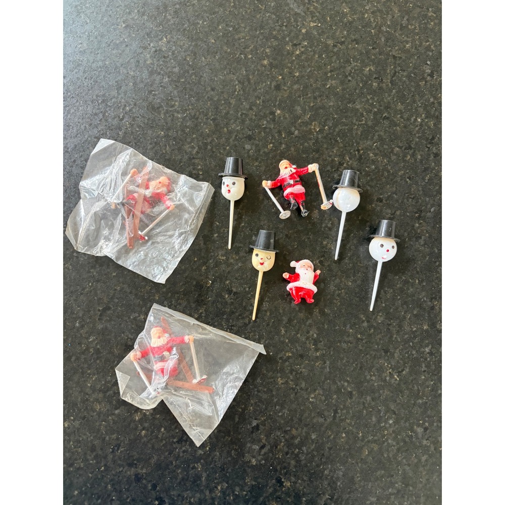 Vintage Christmas Cake Toppers Skiing Santa Snowman Picks Holiday Decor Lot 8pc